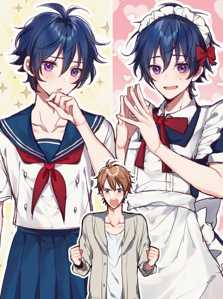 2boys, alternate_costume, apron, argonavis_from_bang_dream!, bang_dream!, blue_hair, blush, bow