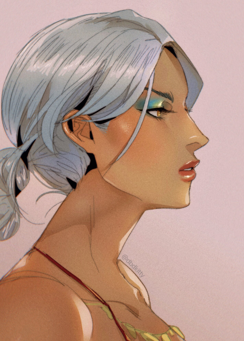 1girl, alternate_hair_color, alternate_hairstyle, apex_legends, artist_name, blue_eyeshadow, blush, bra_strap