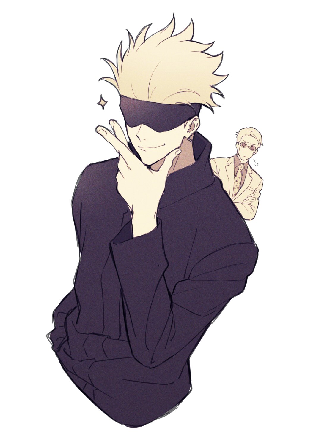 2boys, =3, black_jacket, blindfold, blonde_hair, chin_stroking, closed_mouth, collared_shirt