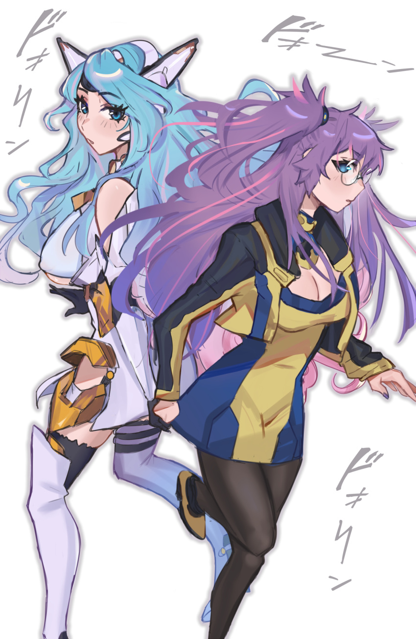 2girls, alternate_hairstyle, back-to-back, bangs, blue_eyes, blue_hair, blue_nails, boots