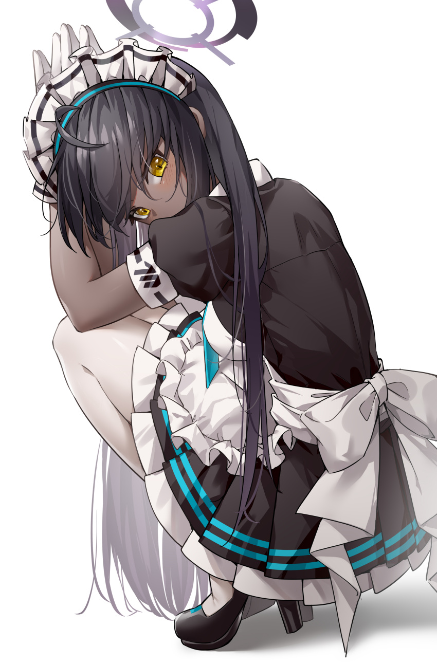 1girl, absurdres, ahoge, apron, bangs, black_dress, black_footwear, black_hair