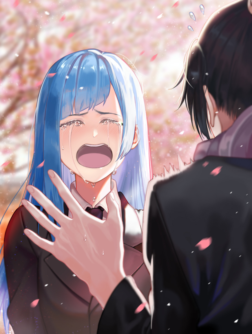 1boy, 1girl, bangs, black_hair, black_jacket, black_neckwear, black_suit, blue_hair