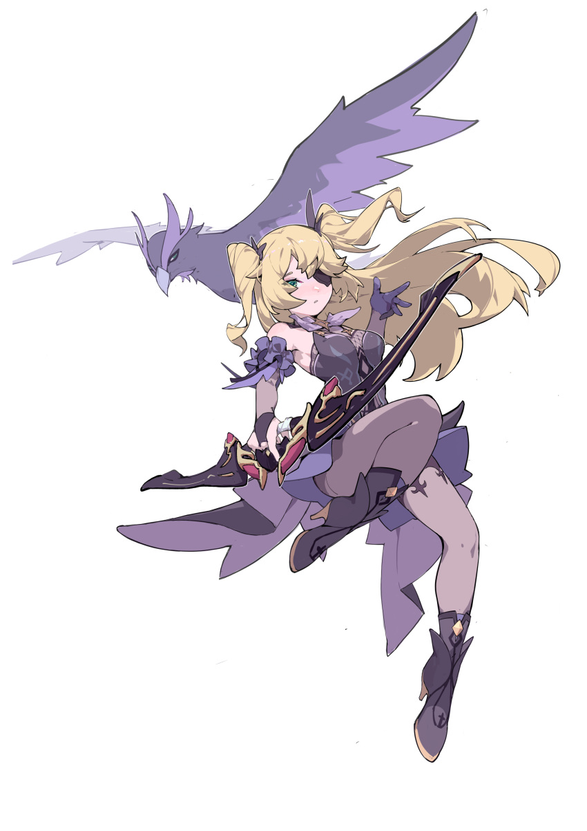 1girl, :o, absurdres, bangs, bird, black_dress, black_footwear, black_gloves