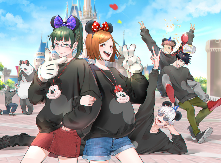 2girls, 4boys, :d, ^_^, animal, arm_up, arms_up, bangs, black_eyes, black_footwear, black_hair, black_pants, black_shirt, blue_shorts, blush, brown_eyes, brown_hair, carrying, chin_stroking, closed_eyes, cowboy_shot, cst, day, disneyland, double_v, food, glasses, gloves, gojou_satoru, green_hair, green_pants, grin, high_ponytail, highres, inumaki_toge, itadori_yuuji, jujutsu_kaisen, kugisaki_nobara, long_hair, long_sleeves, lying, mickey_mouse, mickey_mouse_ears, miniskirt, minnie_mouse, minnie_mouse_ears, multiple_boys, multiple_girls, on_side, one_knee, open_mouth, outdoors, panda, panda_(jujutsu_kaisen), pants, piggyback, popcorn, proposal, red_skirt, round_eyewear, shirt, shoes, short_shorts, shorts, skirt, smile, sunglasses, swept_bangs, v, white_gloves, white_hair, zenin_maki