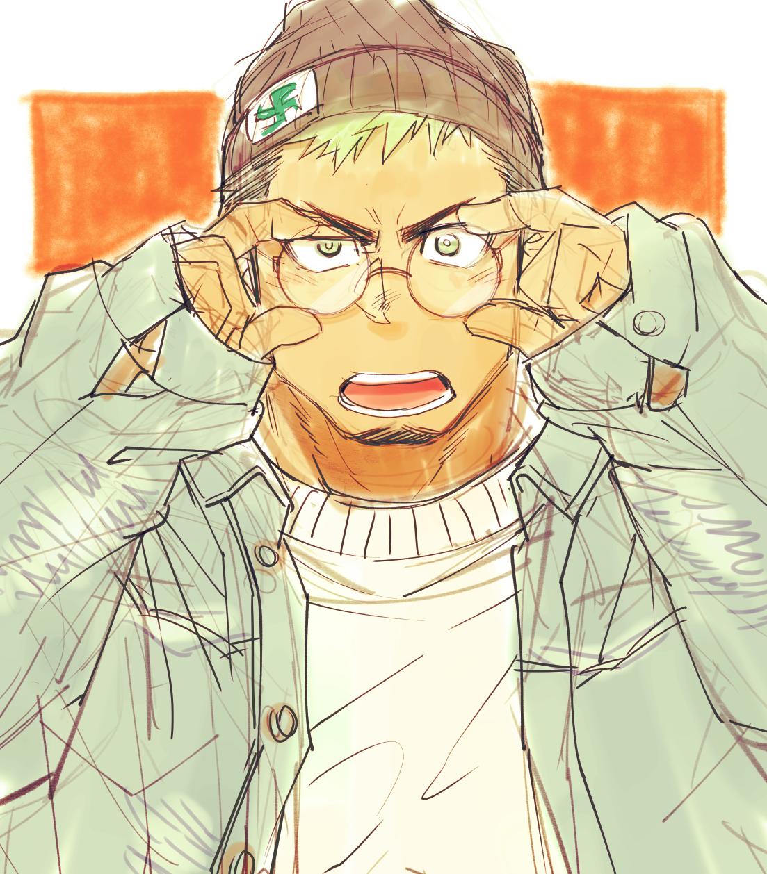 1boy, alternate_costume, beanie, black_hair, blush, casual, contemporary, dark_skin, dark_skinned_male, facial_hair, glasses, goatee, green_eyes, green_hair, hat, highres, jacket, male_focus, multicolored_hair, open_clothes, open_jacket, open_mouth, round_eyewear, short_hair, sketch, solo, sweater, taurus_mask, tokyo_houkago_summoners, two-tone_hair, yakisoba_ohmori