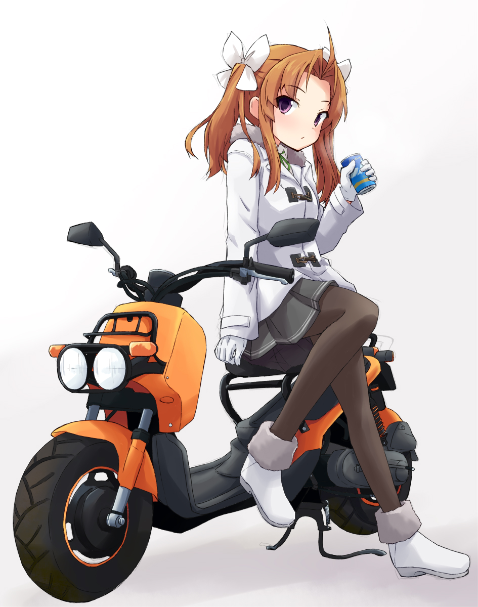 1girl, ahoge, black_legwear, black_skirt, boots, brown_hair, can, coat
