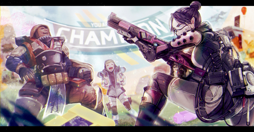 1boy, 2girls, ^_^, absurdres, apex_legends, black_gloves, blonde_hair, bodysuit
