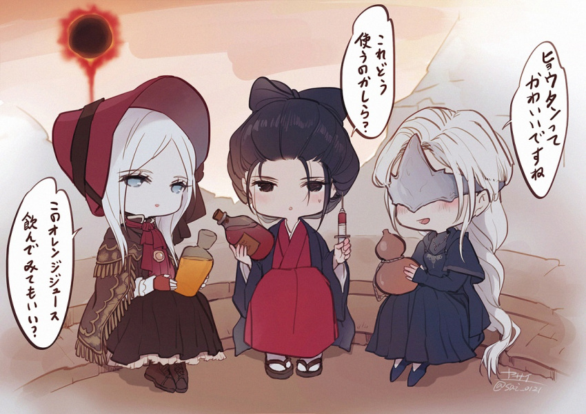 3girls, bangs, black_dress, black_eyes, black_hair, blindfold, blonde_hair, blood_vial, bloodborne, blue_eyes, braid, chibi, coat, coat_on_shoulders, company_connection, crossover, dark_souls_iii, dress, eclipse, emma_the_gentle_blade, estus_flask, eyebrows_visible_through_hair, fire_keeper, gothic, gourd, hair_bun, healing_gourd, japanese_clothes, kimono, looking_at_viewer, multiple_girls, parted_bangs, plain_doll, red_kimono, sekiro:_shadows_die_twice, sitting, souls_(from_software), translation_request, white_hair, yasai_(getsu)