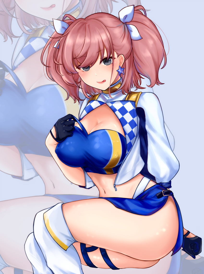 1girl, absurdres, atlanta_(kancolle), black_gloves, blue_bandeau, blue_skirt, boots, breasts