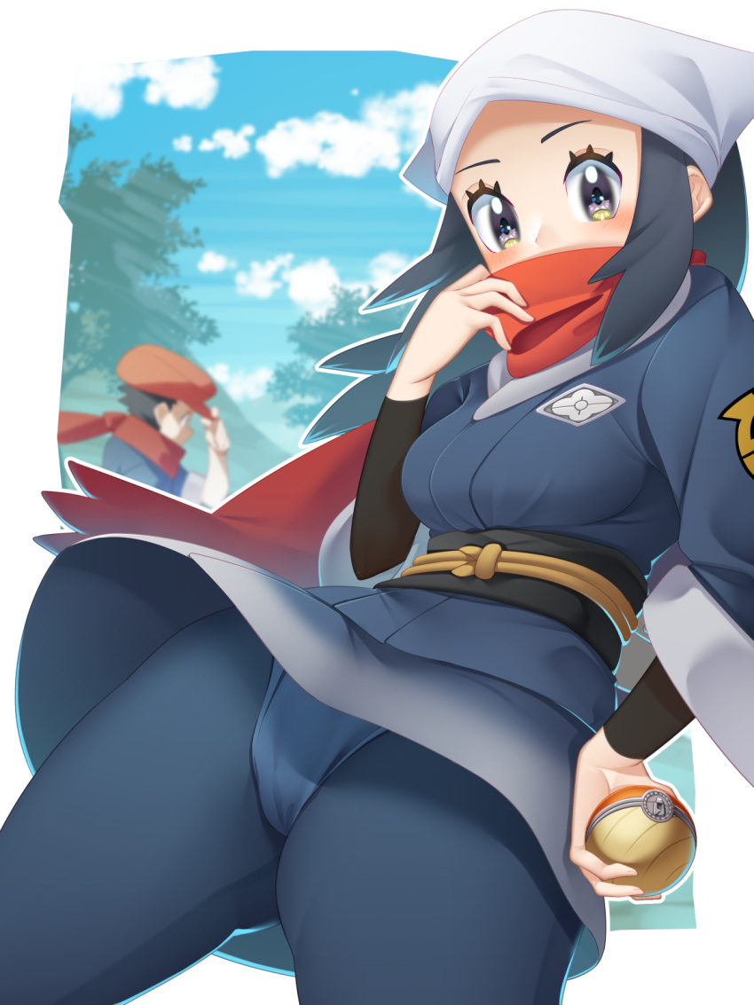 1boy, 1girl, black_hair, blush, clouds, commentary_request, day, eyelashes, female_protagonist_(pokemon_legends:_arceus), floating_scarf, grey_eyes, grey_legwear, hat, head_scarf, highres, holding, holding_poke_ball, long_hair, looking_at_viewer, male_protagonist_(pokemon_legends:_arceus), outdoors, panties, pantyhose, poke_ball, poke_ball_(legends), pokemon, pokemon_(game), pokemon_legends:_arceus, red_headwear, red_scarf, sash, scarf, sidelocks, sky, underwear, yashima105