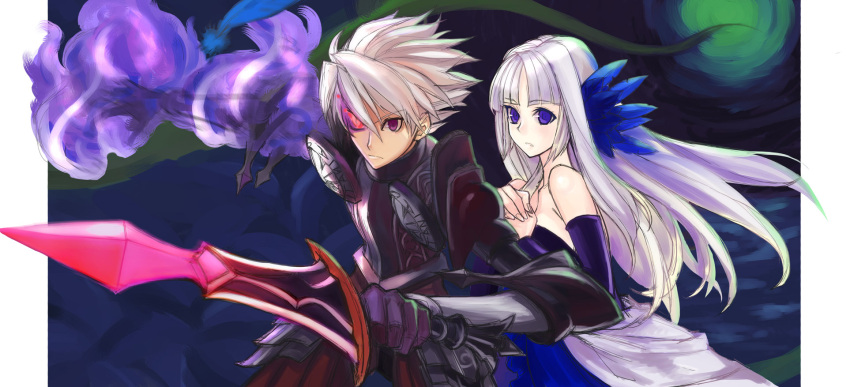 1girl, armor, aura, bare_shoulders, belderiver, blue_eyes, dress, gwendolyn, hair_down, highres, kimuchi, odin_sphere, oswald, protect, purple_eyes, sword, violet_eyes, weapon, white_hair