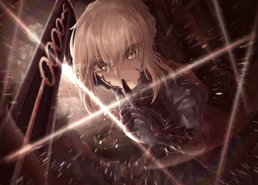 1girl, armor, artoria_pendragon_(all), bangs, black_armor, black_dress, black_gloves, blonde_hair