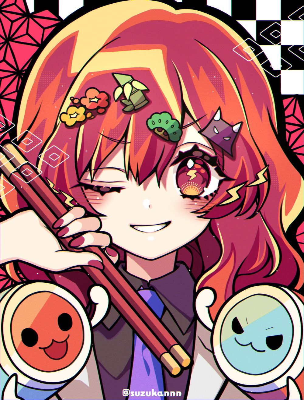 1girl, bamboo_shoot, black_shirt, blush, checkered, checkered_background, commentary, drumsticks