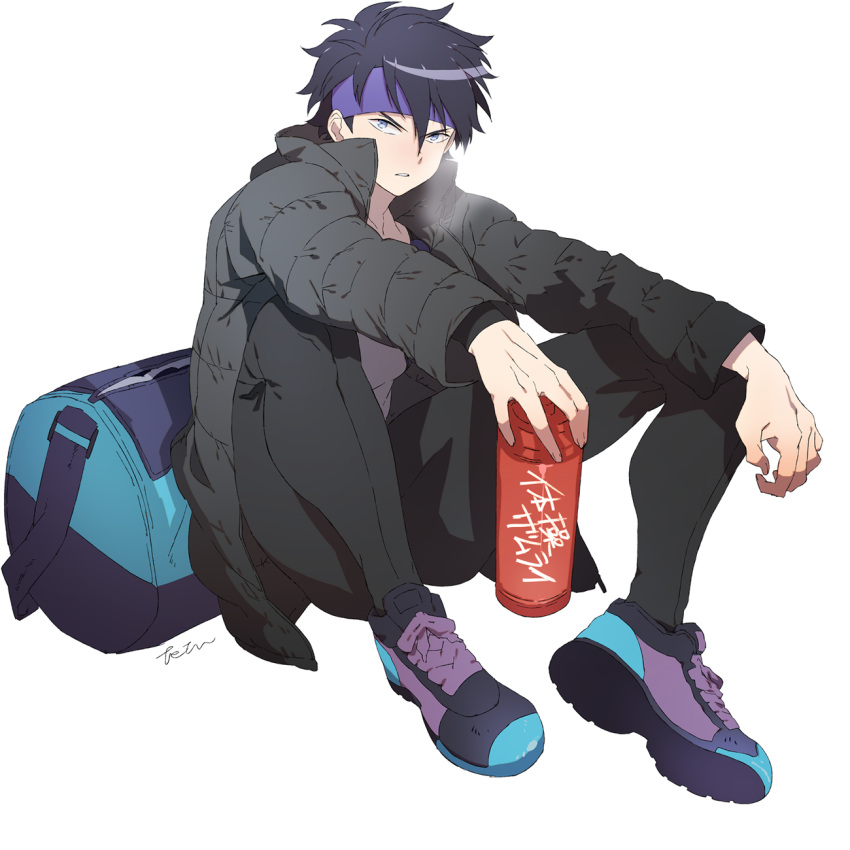 1boy, arm_on_knee, bag, black_coat, black_hair, black_pants, blue_eyes, blue_headband