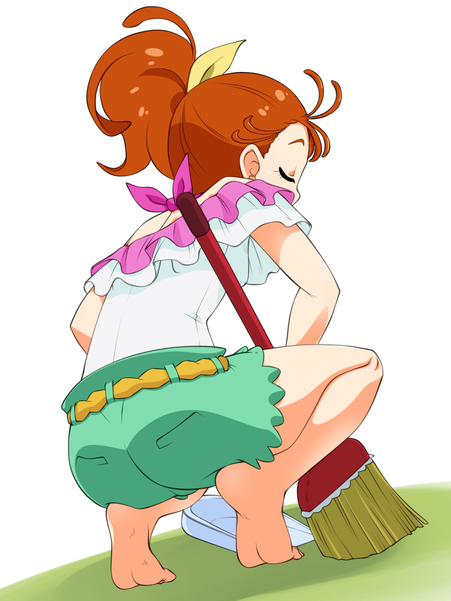 1girl, barefoot, broom, closed_eyes, commentary_request, from_behind, full_body, green_shorts