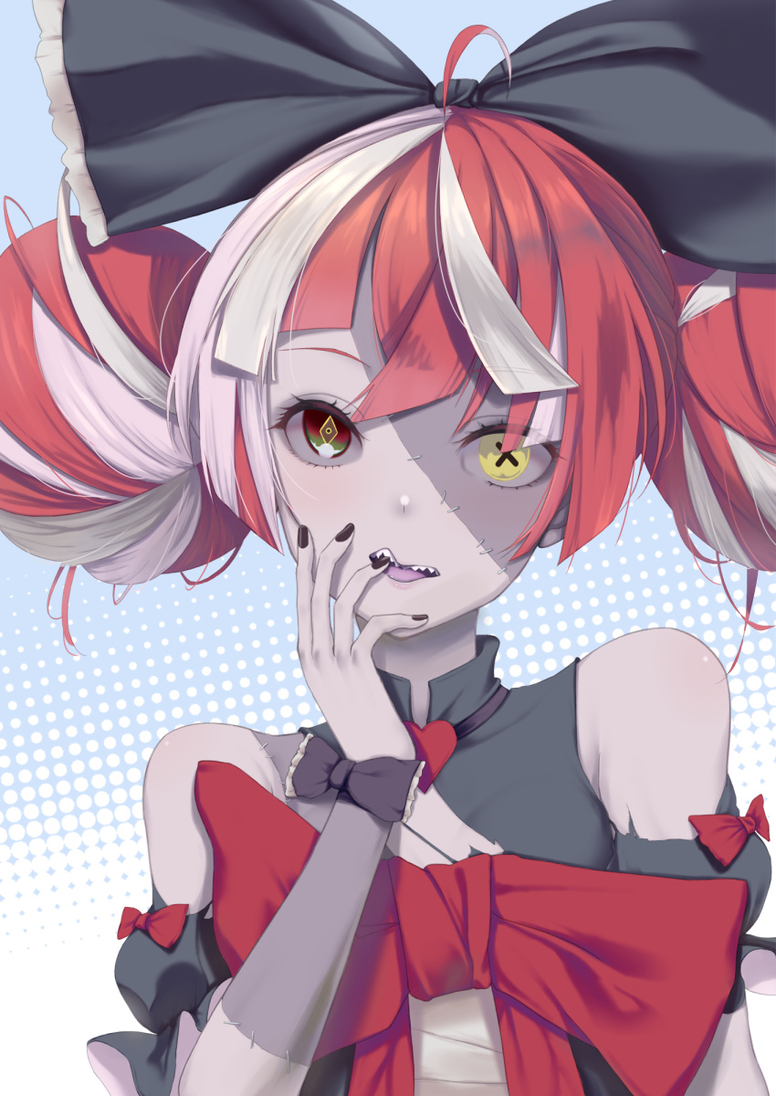 1girl, ahoge, bandages, bangs, black_bow, black_nails, bow, double_bun