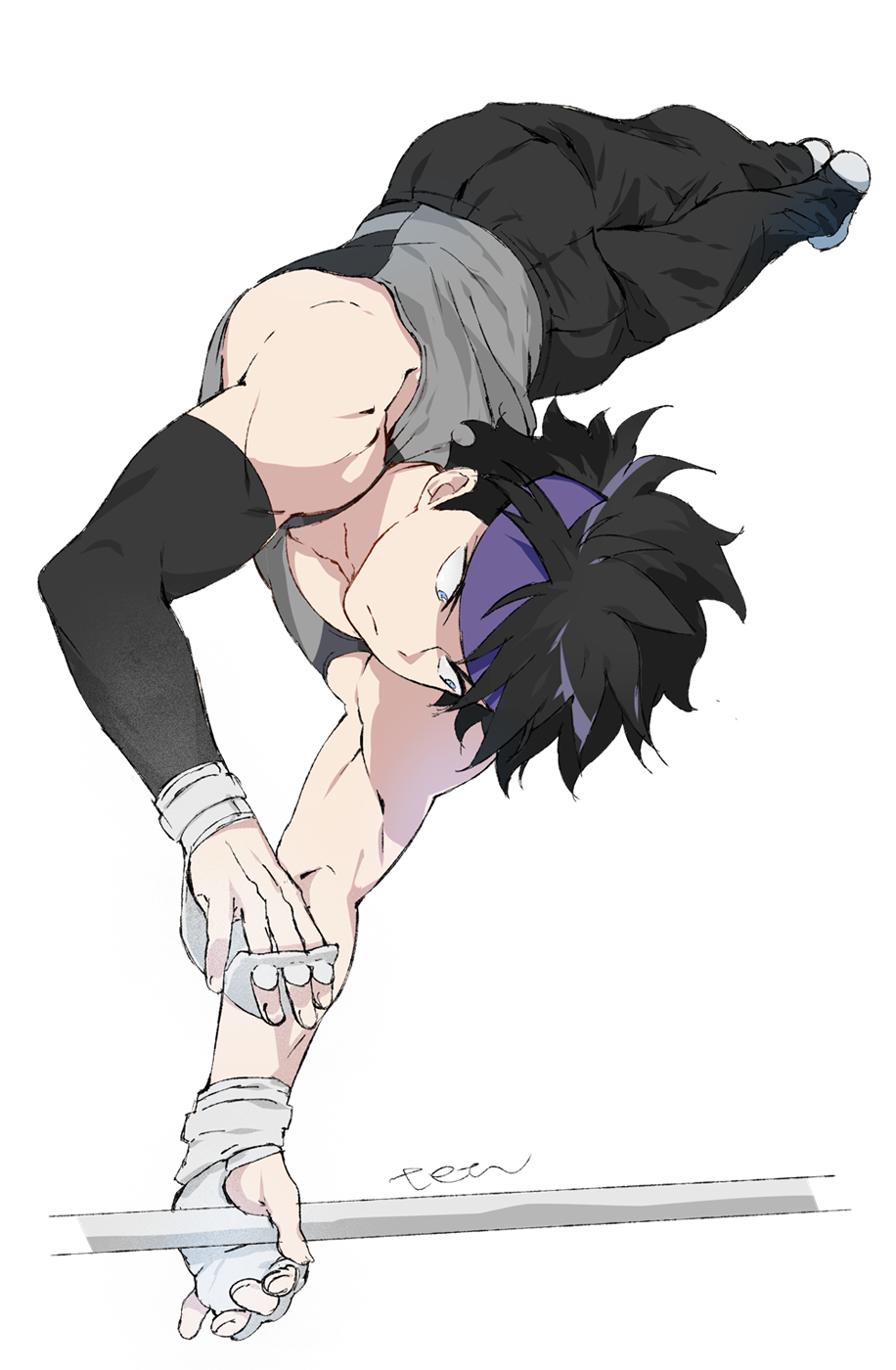 1boy, arm_warmers, black_hair, black_pants, blue_eyes, blue_headband, fingerless_gloves, foreshortening