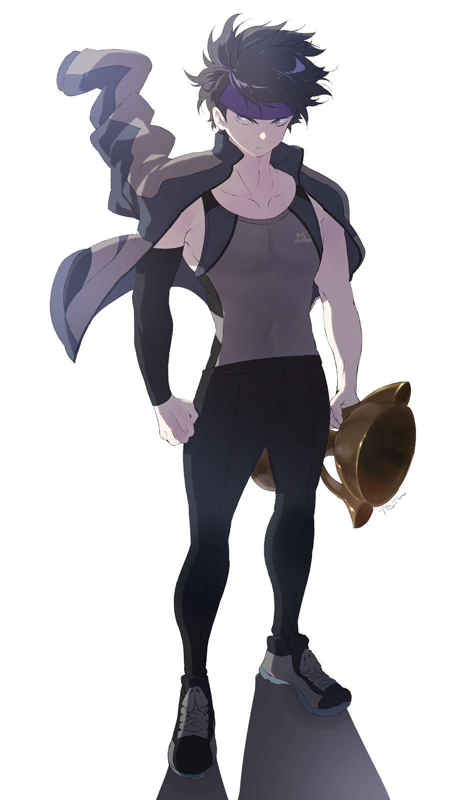 1boy, arm_warmers, artist_name, black_hair, black_pants, blue_eyes, blue_headband, clenched_hand