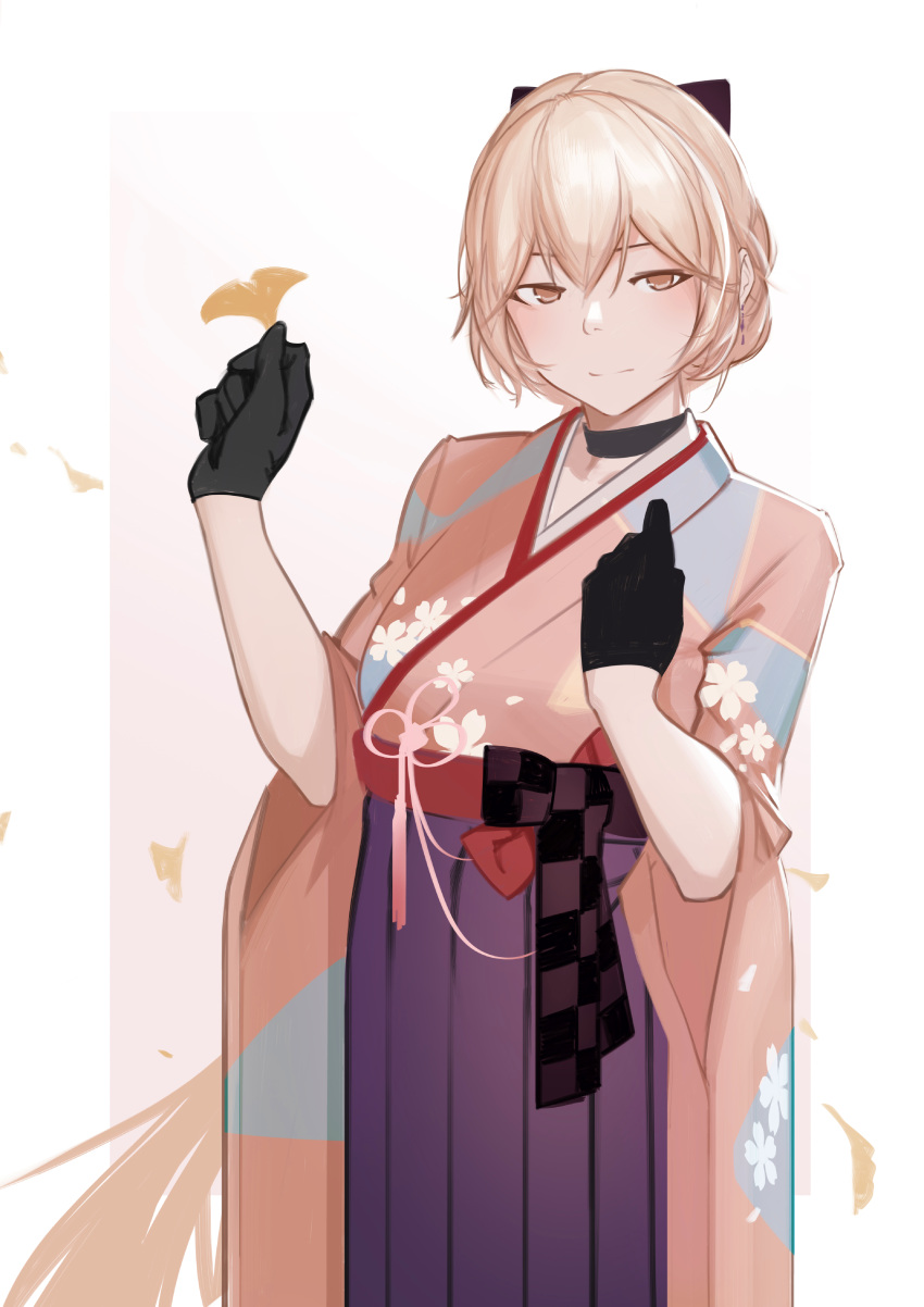 1girl, absurdres, black_bow, black_choker, black_gloves, blonde_hair, bow, choker
