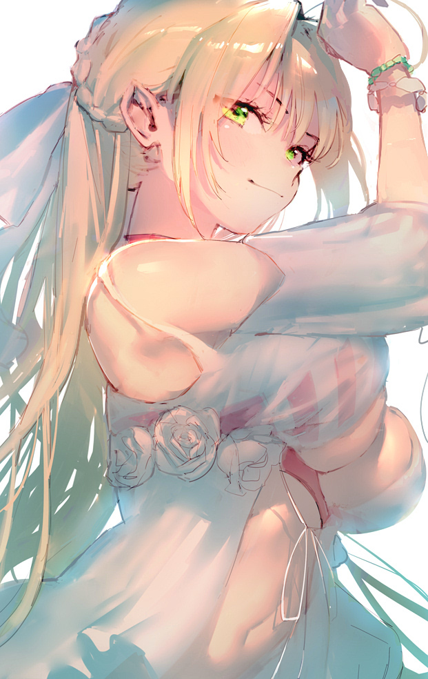 1girl, arms_up, bangs, bare_shoulders, bikini, blonde_hair, blush, braid