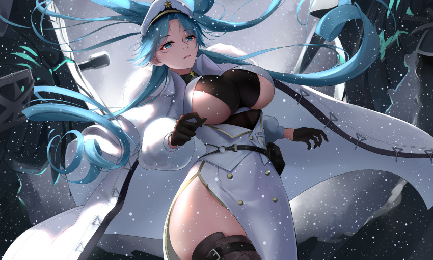 1girl, azur_lane, black_gloves, blue_eyes, blue_hair, breasts, coat, floating_hair