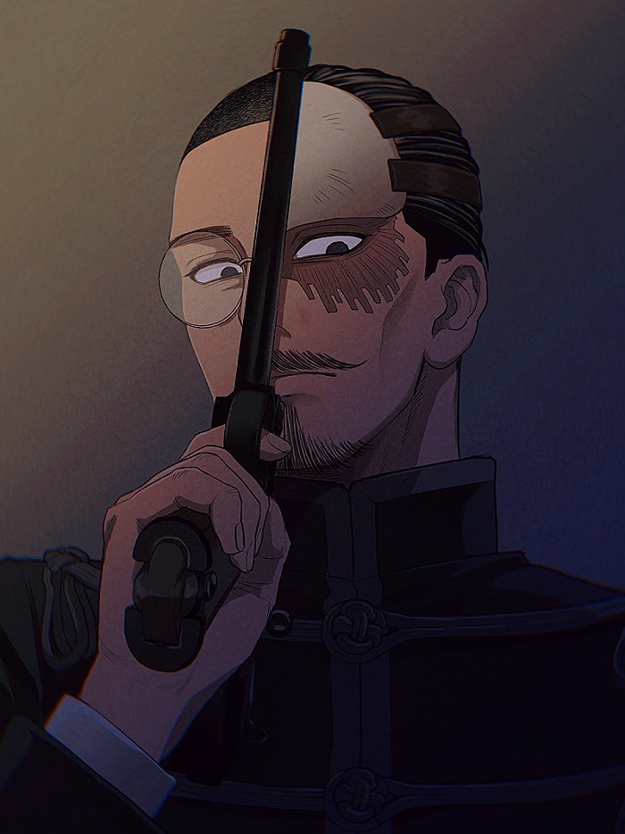1boy, black_eyes, black_hair, black_shirt, buzz_cut, facial_hair, forehead_protector, glasses, goatee, golden_kamuy, gun, hand_up, hisohisohiso~tsu, holding, holding_gun, holding_weapon, male_focus, mustache, scar, shirt, short_hair, simple_background, solo, split_theme, tsurumi_tokushirou, very_short_hair, weapon