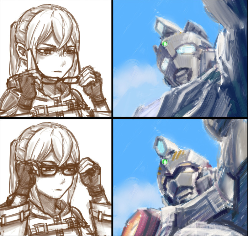 1girl, 2boys, alien, blue_eyes, character_request, chinese_commentary, eyewear_removed, fingerless_gloves