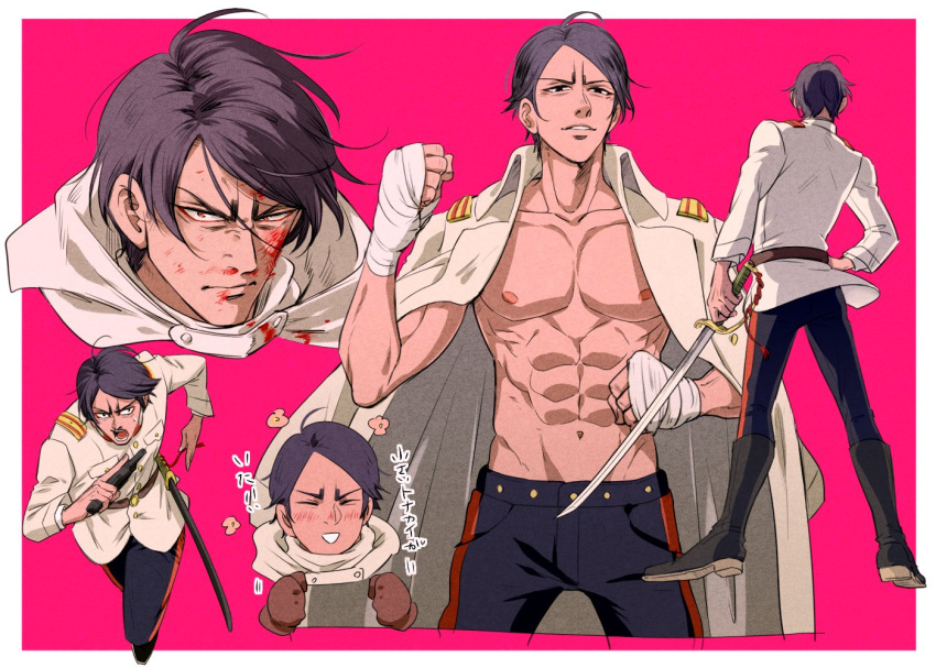 1boy, :o, abs, belt, black_hair, black_pants, blood, blood_on_face