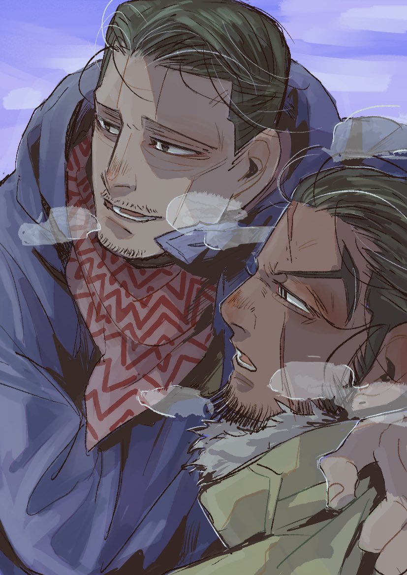 2boys, beard, black_hair, breath, cold, couple, facial_hair, golden_kamuy