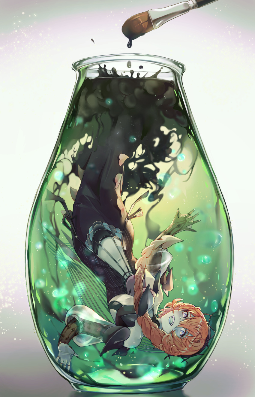 1girl, blue_eyes, blue_skin, bottle, braid, brown_hair, colored_skin, dress, fate/grand_order, fate_(series), highres, in_bottle, in_container, ink, long_dress, mentaikopan, paintbrush, upside-down, van_gogh_(fate)