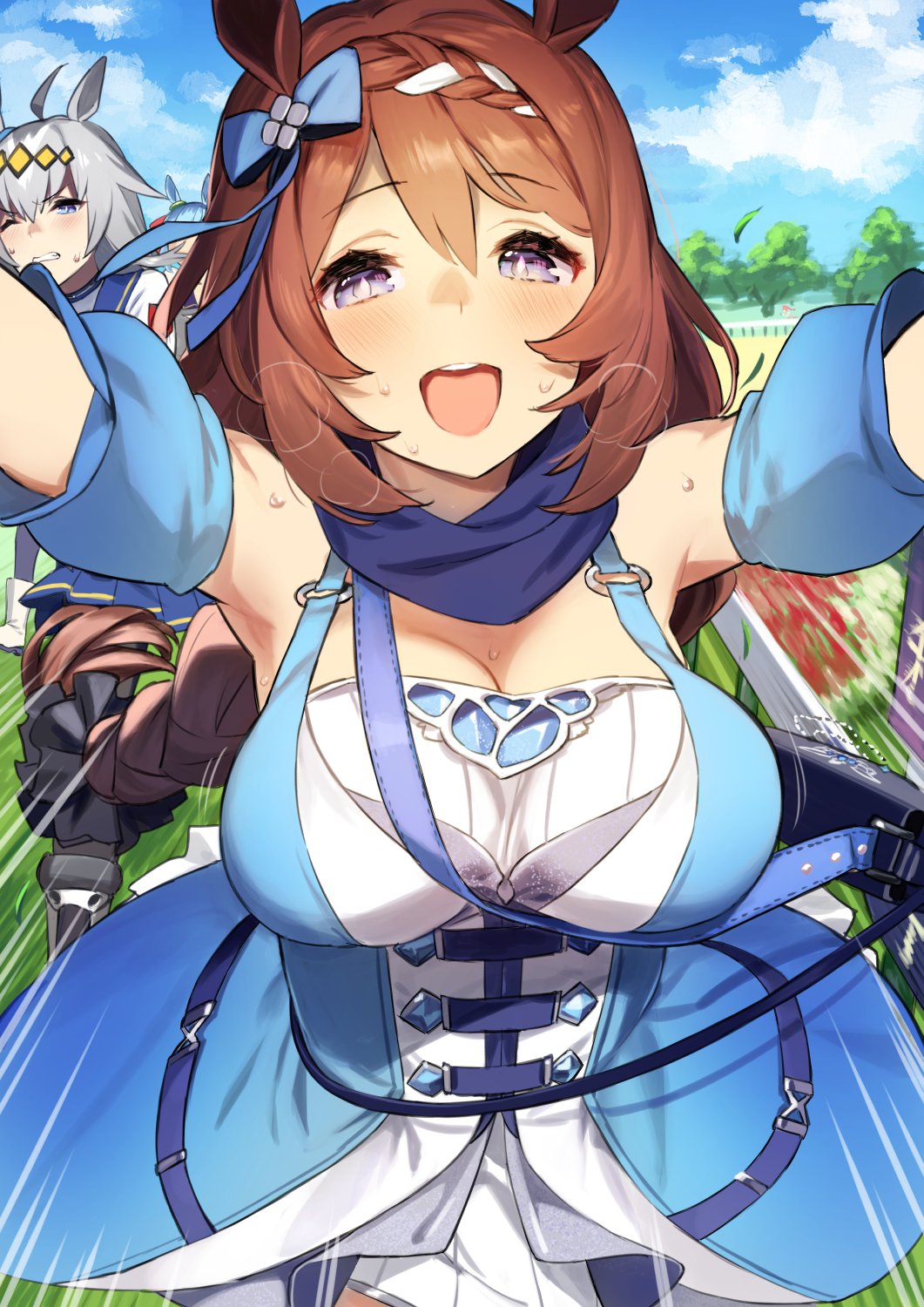 92m, animal_ears, arms_up, bag, blue_eyes, bow, braid, breasts
