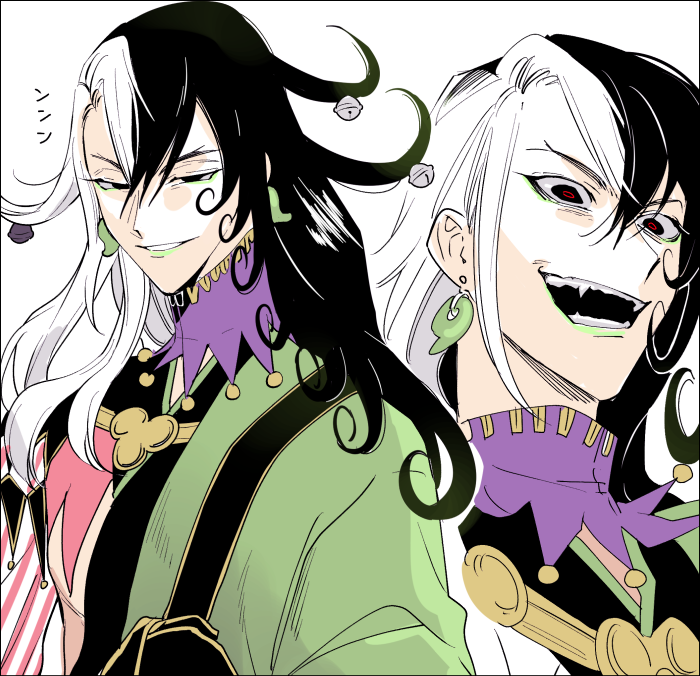 1boy, ashiya_douman_(fate), asymmetrical_clothes, asymmetrical_hair, bell, black_eyes, black_hair, collar, curly_hair, earrings, eyeshadow, fangs, fate/grand_order, fate_(series), fingernails, furrowed_eyebrows, green_eyeshadow, green_kimono, green_lips, green_nails, hadanugi_dousa, hair_bell, hair_between_eyes, hair_ornament, japanese_clothes, jewelry, jitome, kimono, long_hair, magatama, magatama_earrings, makeup, multicolored_hair, multiple_views, open_clothes, open_kimono, open_mouth, purple_collar, ribbed_sleeves, sharp_fingernails, smirk, toned, toned_male, two-tone_hair, very_long_fingernails, very_long_hair, white_hair, wide-eyed, yagiuma_(tsurupica)
