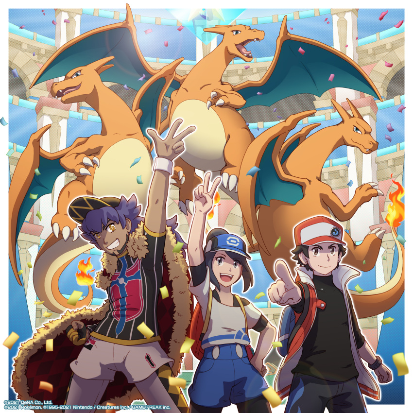 1girl, 2boys, absurdres, arm_up, bettie_(pokemon), black_hair, cape, charizard