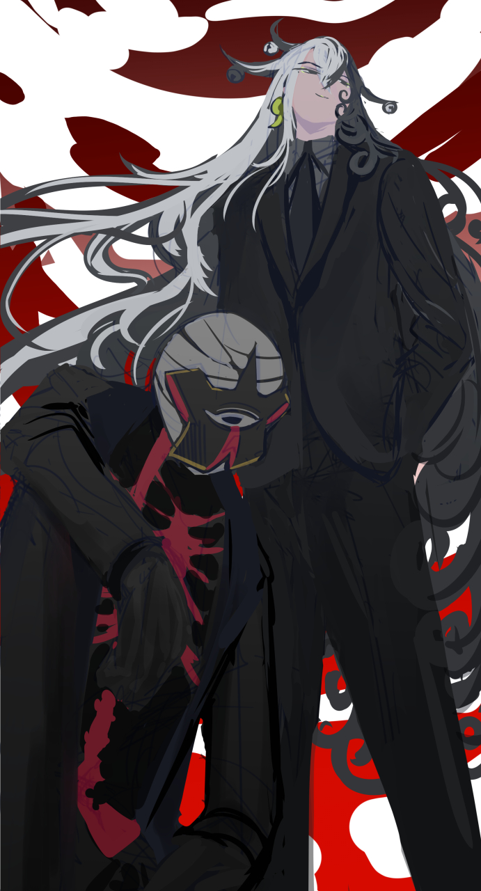 1boy, 1other, akimitsu-dono, ashiya_douman_(fate), asymmetrical_hair, bandages, bell, black_eyes