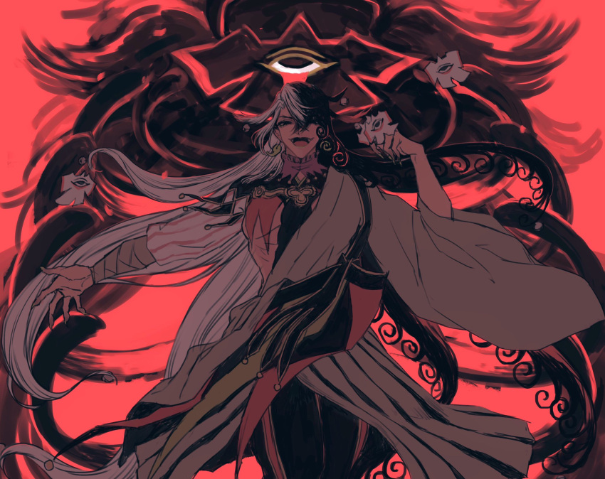 1boy, abs, akimitsu-dono, ashiya_douman_(fate), asymmetrical_clothes, asymmetrical_hair, bell, black_eyes
