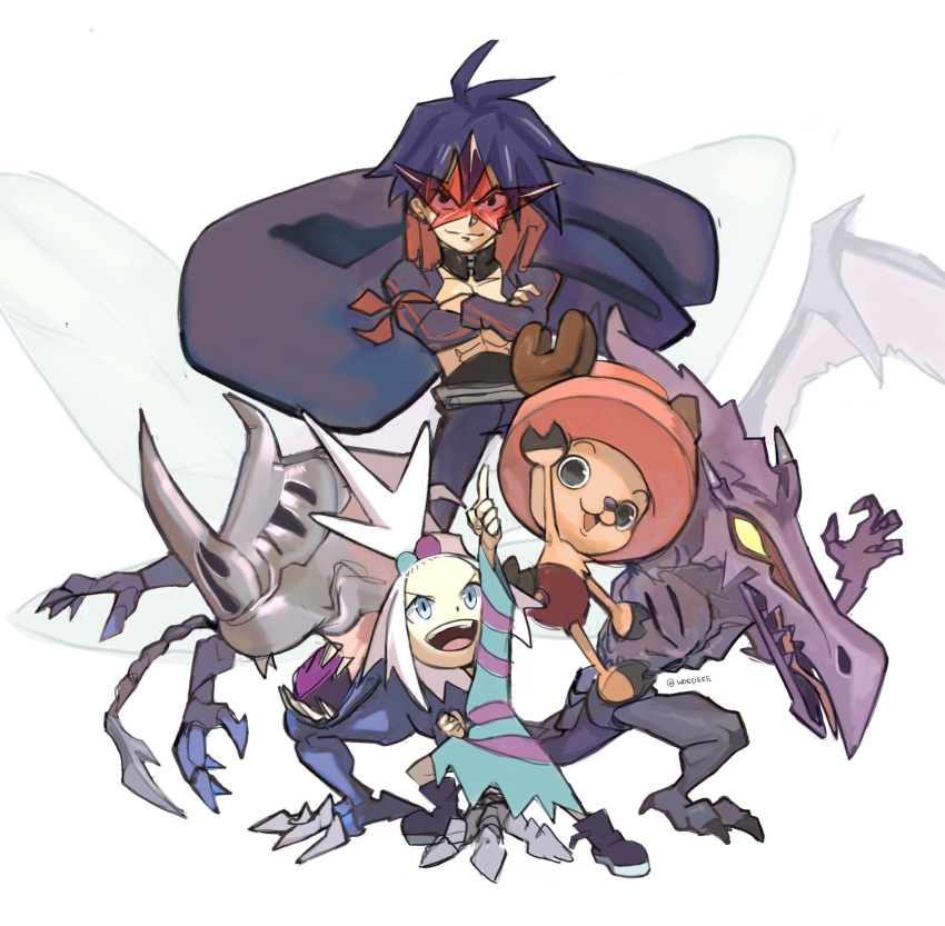 1girl, 4boys, alien, armband, beetle, bug, commission, digimon