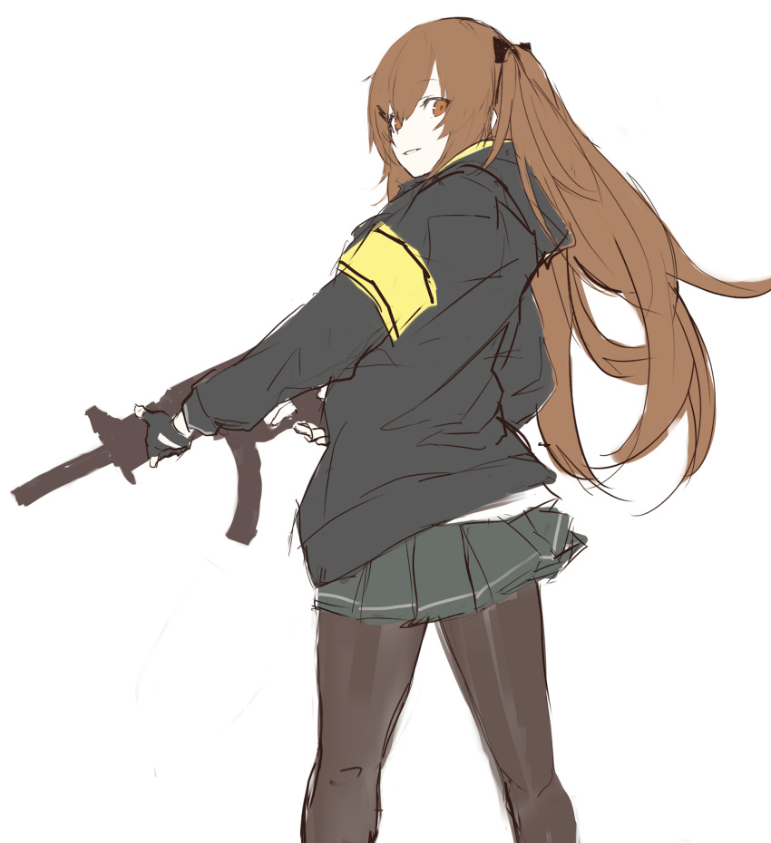 1girl, bangs, black_bow, black_gloves, black_jacket, black_legwear, black_skirt, bow
