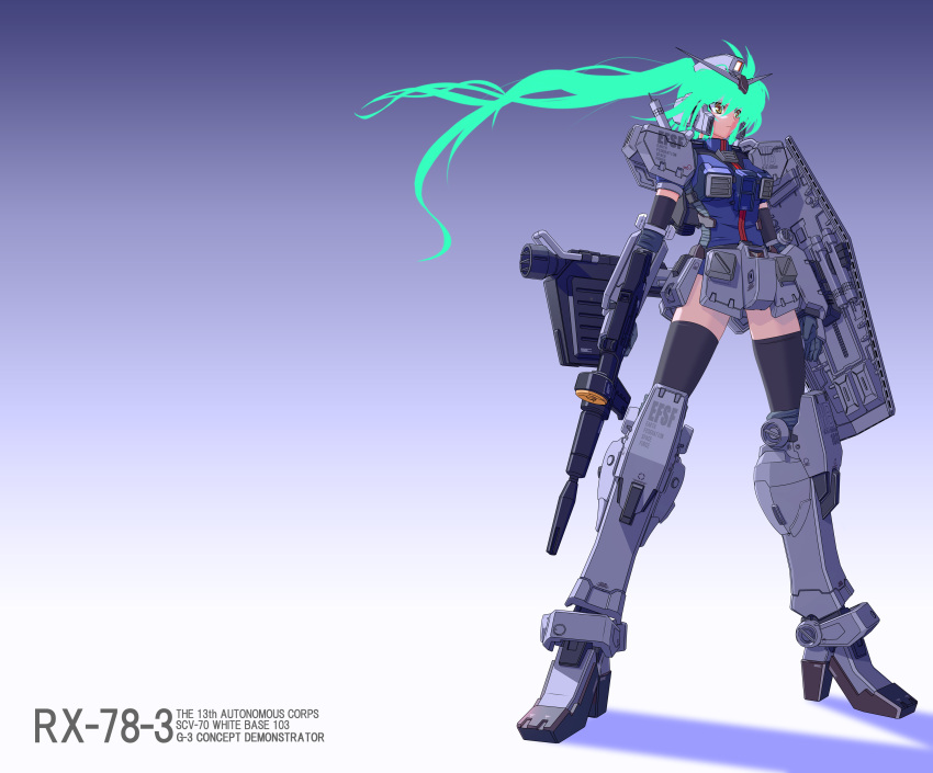 bazooka, g-3_gundam, green_hair, gun, gundam, highres, mecha, mecha_musume