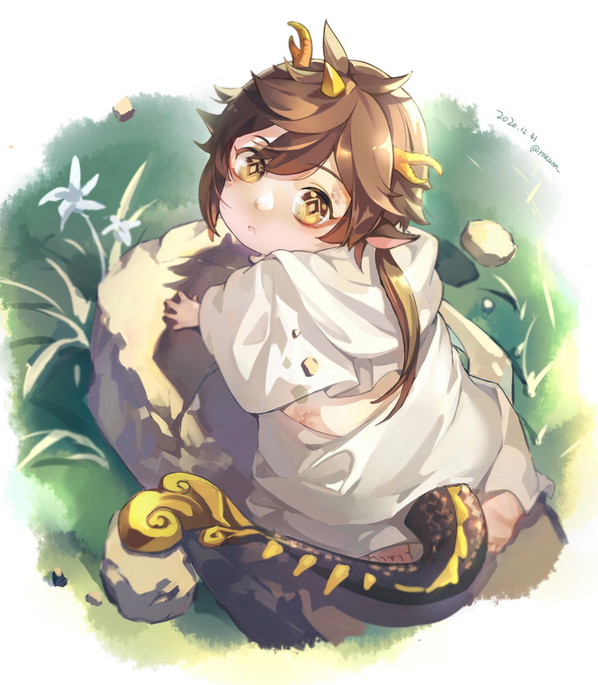 1boy, animal_ears, asymmetrical_horns, baby, bangs, brown_hair, cloak, dated