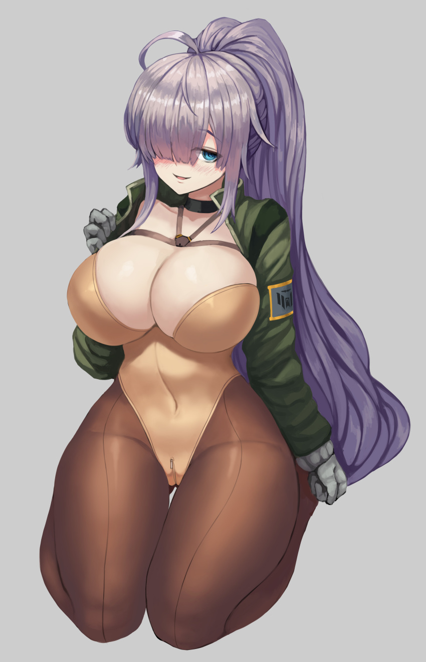 1girl, absurdres, ahoge, blue_eyes, blush, breasts, gloves, hair_over_one_eye