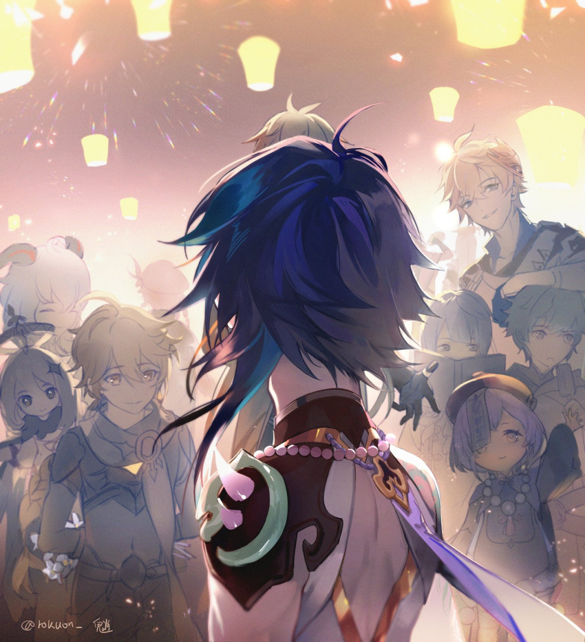 5girls, 6+boys, aether_(genshin_impact), arm_tattoo, bangs, bead_necklace, beads, beidou_(genshin_impact), book, chongyun_(genshin_impact), closed_eyes, english_commentary, eyebrows_visible_through_hair, fireworks, flower, food, ganyu_(genshin_impact), genshin_impact, gloves, hair_between_eyes, hair_ornament, halo, hat, highres, holding, holding_book, horns, jewelry, lantern, long_hair, long_sleeves, mask, mask_on_head, multiple_boys, multiple_girls, necklace, ningguang_(genshin_impact), ofuda, paimon_(genshin_impact), popsicle, qing_guanmao, qiqi_(genshin_impact), rokuon, scarf, short_sleeves, signature, smile, spikes, tartaglia_(genshin_impact), tattoo, traveler_(genshin_impact), twitter_username, venti_(genshin_impact), xiao_(genshin_impact), xingqiu_(genshin_impact), zhongli_(genshin_impact)
