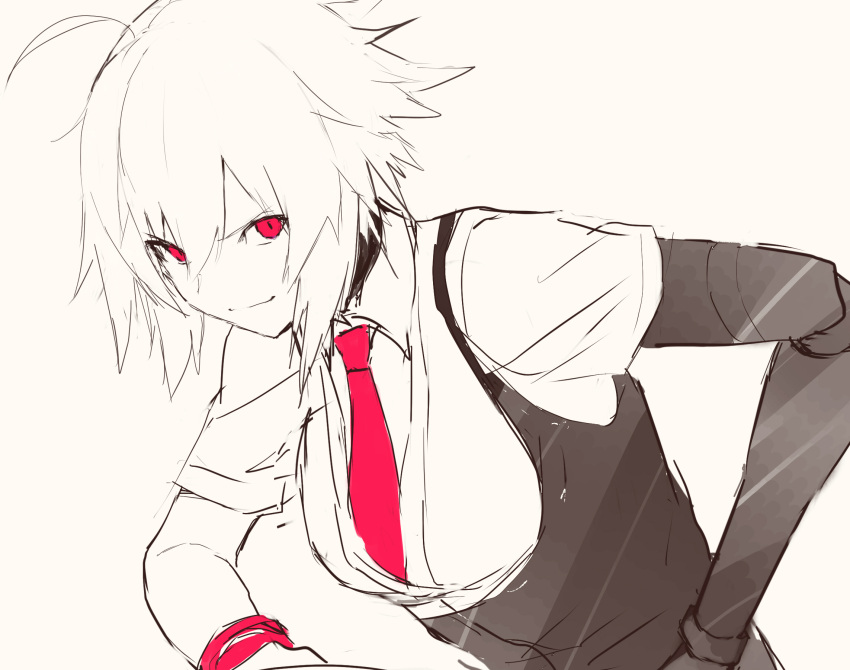 1girl, black_vest, bracelet, closed_mouth, dana_zane, eyebrows_visible_through_hair, ff_frbb122, greyscale