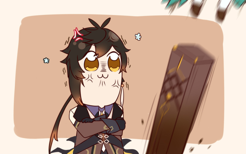 2boys, anger_vein, bangs, bkub_(style), black_gloves, black_hair, brown_hair, crossed_arms