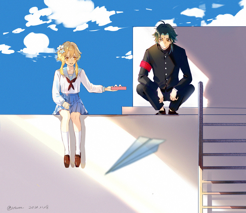 1boy, 1girl, ahoge, alternate_costume, alternate_universe, aqua_hair, armband, bangs