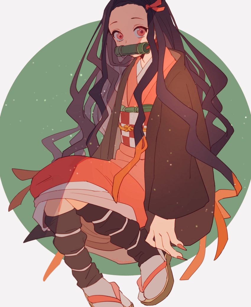 1girl, bamboo, bit_gag, black_hair, black_haori, forehead, gag, gradient_hair, green_background, hacobox, hair_ribbon, hands, haori, highres, japanese_clothes, kamado_nezuko, kimetsu_no_yaiba, kimono, long_hair, long_sleeves, looking_at_viewer, mouth_hold, multicolored_hair, obi, obiage, obijime, pink_eyes, pink_kimono, pink_ribbon, redhead, ribbon, sash, shadow, simple_background, solo, two-tone_background, two-tone_hair, upper_body, white_background