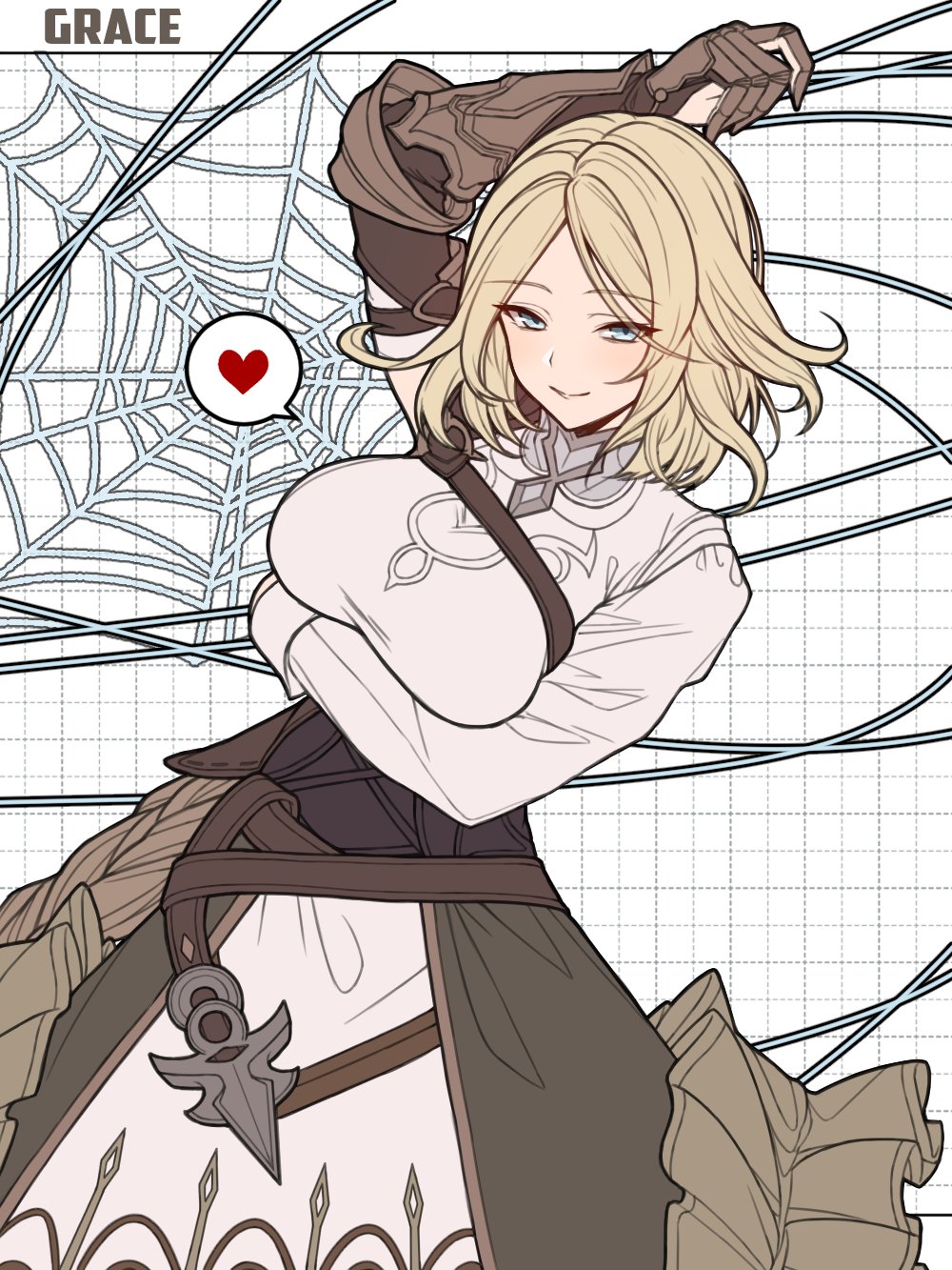 1girl, bangs, belt, blonde_hair, blue_eyes, blush, breasts, brown_gloves, brown_skirt, gloves, grace_(granblue_fantasy), granblue_fantasy, heart, highres, large_breasts, ll_0109, long_sleeves, looking_at_viewer, parted_bangs, shirt, short_hair, silk, skirt, smile, spider_web, spoken_heart, white_shirt, wire