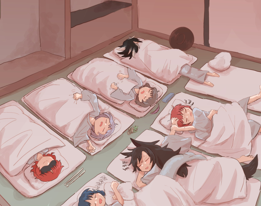 6+girls, animal_ears, black_hair, blue_hair, blush, brown_hair, closed_eyes, commentary_request, donki_rkgk, double_dealing_character, drumsticks, grey_kimono, hair_ornament_removed, hairband, hairband_removed, highres, horikawa_raiko, horns, imaizumi_kagerou, indoors, japanese_clothes, kijin_seija, kimono, long_hair, long_sleeves, lying, mermaid, monster_girl, multiple_girls, on_back, on_stomach, open_mouth, pillow, purple_hairband, redhead, sekibanki, short_hair, sleep_mask, sleeping, smile, squiggle, sukuna_shinmyoumaru, sweat, touhou, tsukumo_benben, tsukumo_yatsuhashi, under_covers, wakasagihime, wolf_ears, zzz