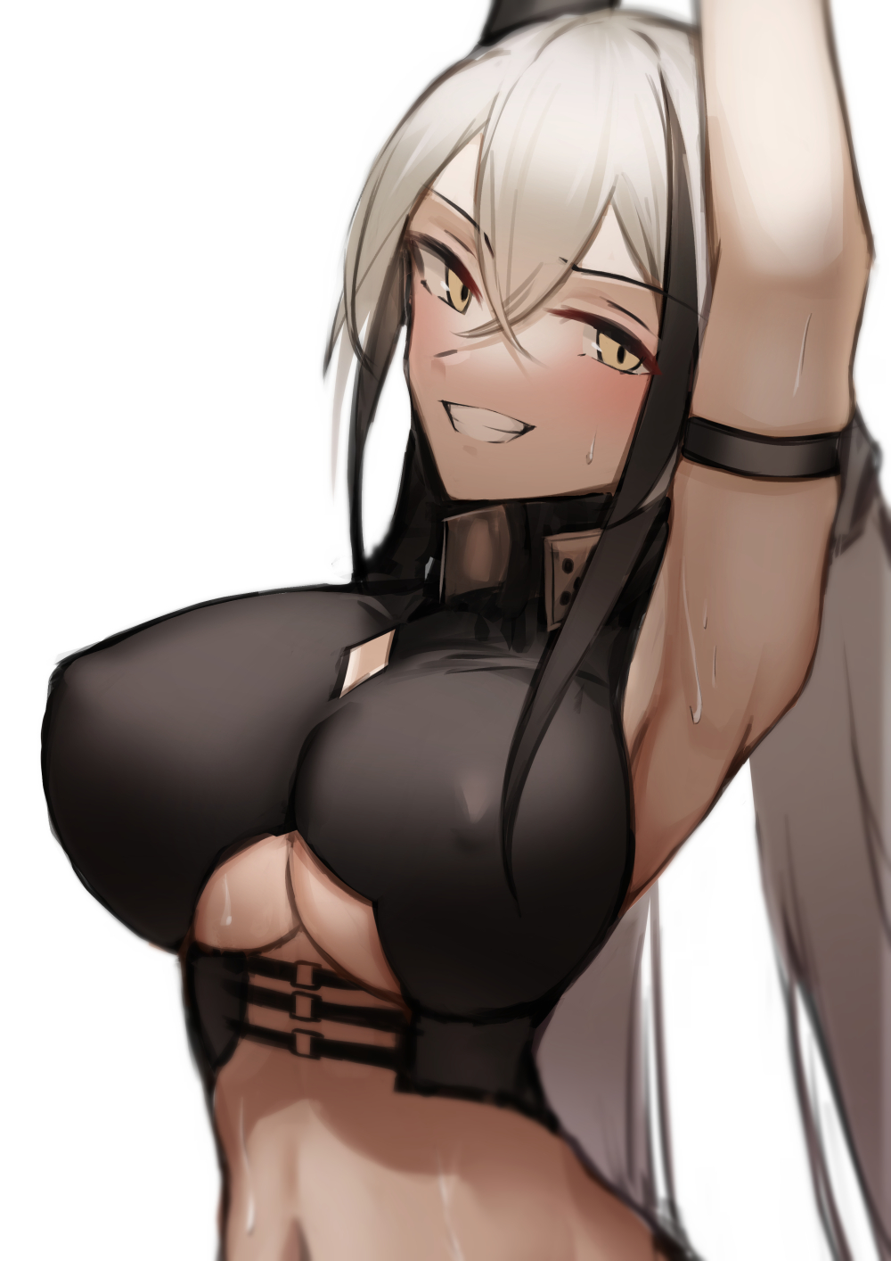 1girl, armpits, arms_up, breasts, covered_nipples, gaia_(girls_frontline), girls_frontline, grin