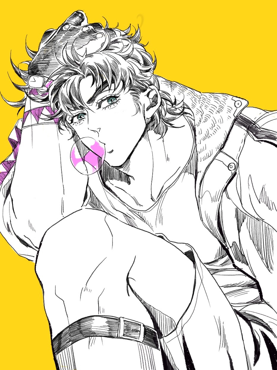 1boy, alternate_costume, arm_ribbon, battle_tendency, bubble_blowing, buckle, chewing_gum, chinese_commentary