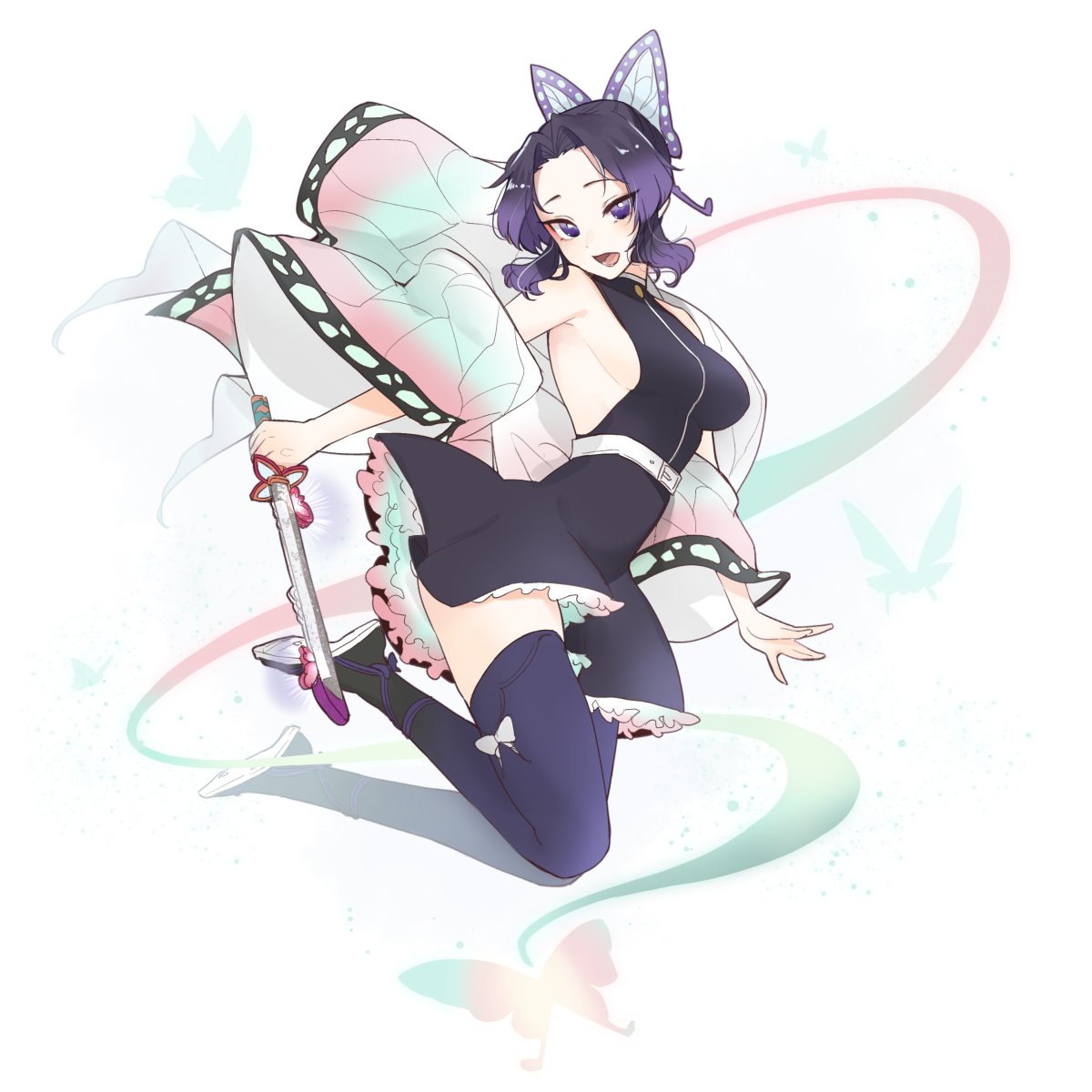 1girl, adapted_costume, alternate_costume, animal_print, black_legwear, breasts, butterfly_hair_ornament, butterfly_print